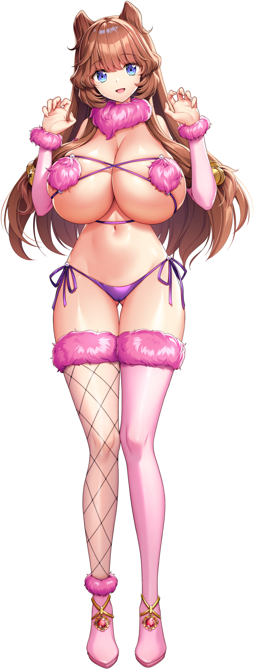 1girl absurdres akagi_rio bell blue_eyes boots breasts brown_hair claw_pose cleavage detached_sleeves double_bun eibel_haurisia full_body fur-trimmed_legwear fur-trimmed_sleeves fur-trimmed_thighhighs fur_bikini fur_collar fur_trim game_cg gao gluteal_fold hair_bell hair_bun hair_ornament hands_on_own_chest high_heel_boots high_heels highres huge_breasts long_hair long_sidelocks looking_at_viewer low-tied_sidelocks milk_factory motto!_haramase!_honoo_no_oppai_isekai_oppai_maid_gakuen! non-web_source official_art open_mouth panties pink_fur pink_thighhighs purple_panties revealing_clothes side-tie_panties sidelocks single_fishnet_legwear single_thighhigh smile solo sprite standing tachi-e thighhighs transparent_background underwear