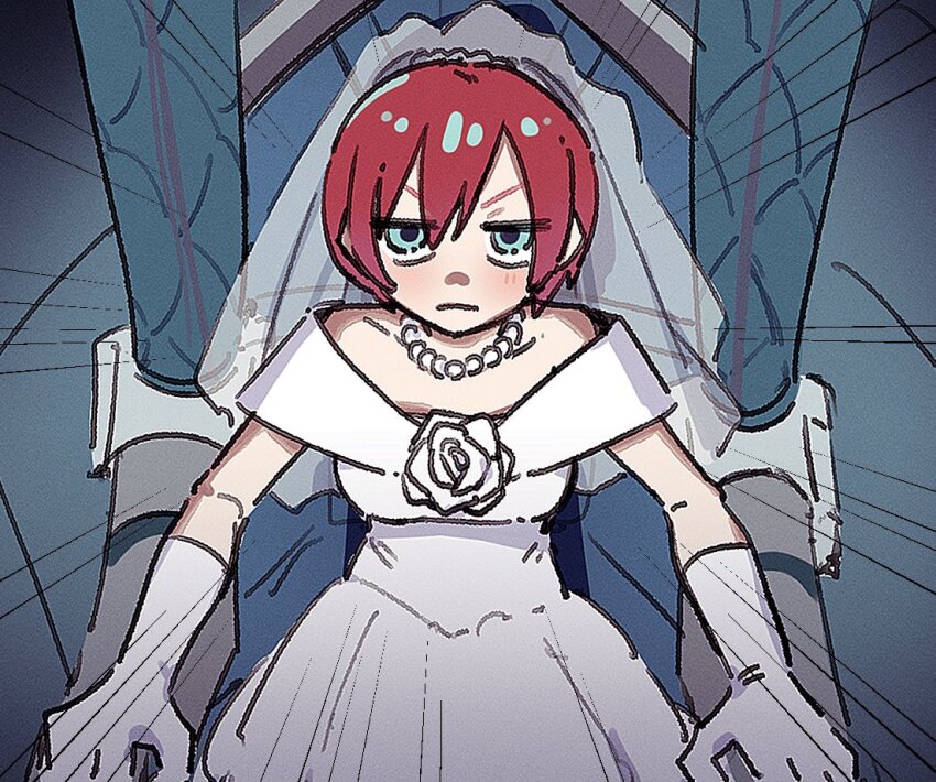 1girl amate_yuzuriha bare_shoulders bridal_veil cockpit commentary dress gloves green_eyes gundam gundam_gquuuuuux jewelry karaage_unai necklace necktie pearl_necklace red_hair short_hair solo veil wedding_dress white_gloves