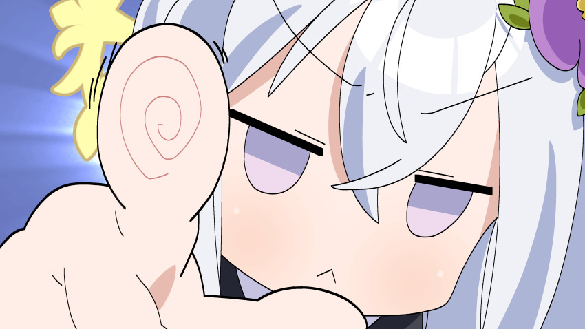 1girl :&lt; absurdres animated animated_gif azusa_(blue_archive) blue_archive closed_mouth commentary_request dwon1226 flower frown hair_between_eyes hair_flower hair_ornament halo highres jitome korean_commentary looking_at_viewer lucky_star motteke!_serafuku no_pupils parody pointing pointing_at_viewer portrait purple_eyes purple_flower solo v-shaped_eyebrows white_hair yellow_halo