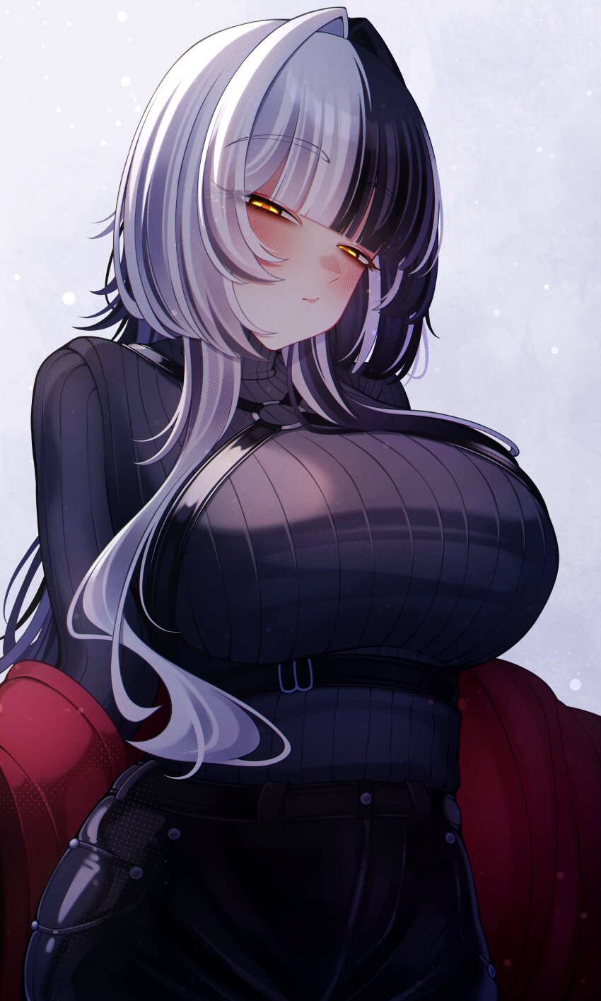 1girl absurdres alternate_costume black_hair black_pants breasts chest_harness craymer grey_hair grey_sweater harness highres hololive hololive_english jacket large_breasts leather leather_pants leather_strap long_hair looking_at_viewer multicolored_hair o-ring o-ring_harness pants red_jacket removing_jacket ribbed_sweater shiori_novella simple_background solo split-color_hair sweater turtleneck two-tone_hair virtual_youtuber white_background yellow_eyes