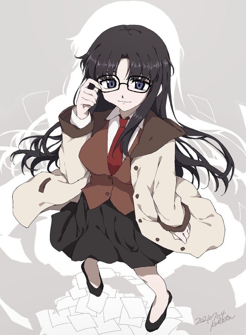 1girl adjusting_eyewear artist_name black-framed_eyewear black_hair blue_eyes breasts brown_vest coat commentary dated dress_shirt floating_clothes floating_hair from_above glasses grey_background hand_on_eyewear highres impossible_clothes impossible_vest kubota(yurakubo) large_breasts loafers long_hair long_skirt long_sleeves necktie open_clothes open_coat pantyhose paper parted_bangs pigeon-toed read_or_die rectangular_eyewear red_necktie shirt shoes silhouette skirt smile solo vest white_shirt yomiko_readman