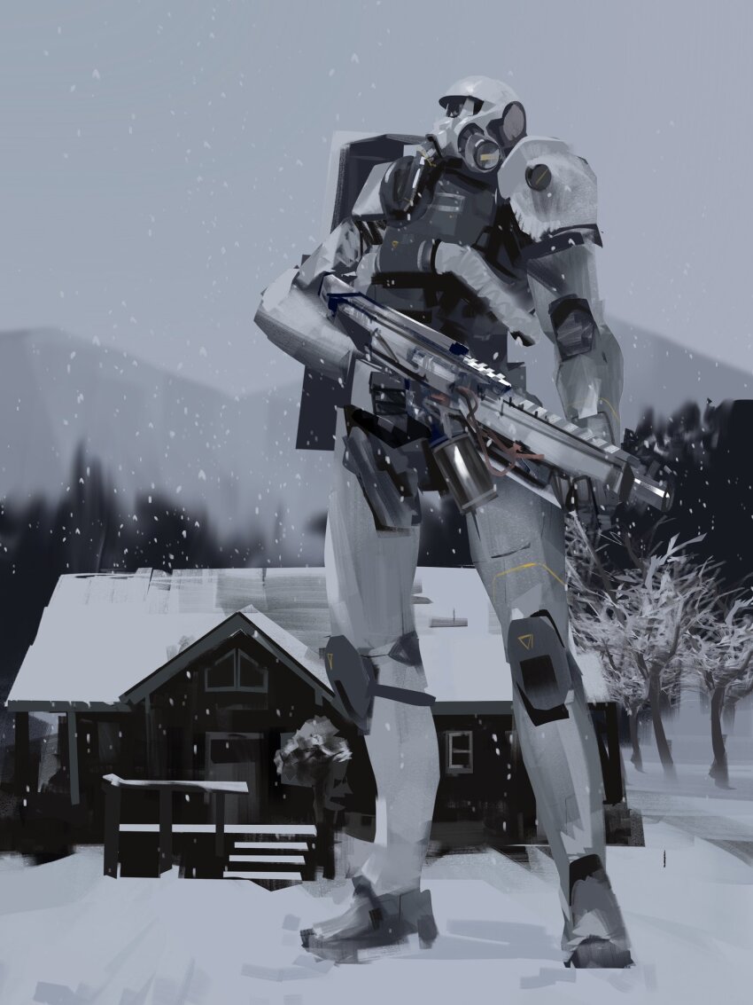 bare_tree gun gundam highres holding holding_gun holding_weapon house mecha mobile_suit mobile_suit_gundam mountain no_humans redesign rintaro_komori robot science_fiction shield snow snowing solo standing tree weapon zaku_ii