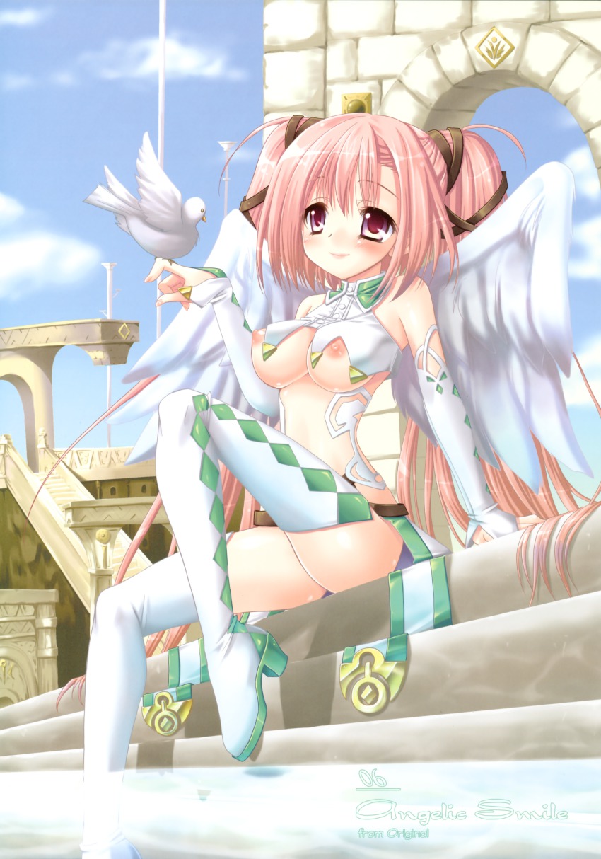 1girl absurdres alto_seneka angel_wings bird blush boots breasts dove female_focus highres nipples pigeon pink_hair red_eyes rusty_soul sitting solo thigh_boots thighhighs wings