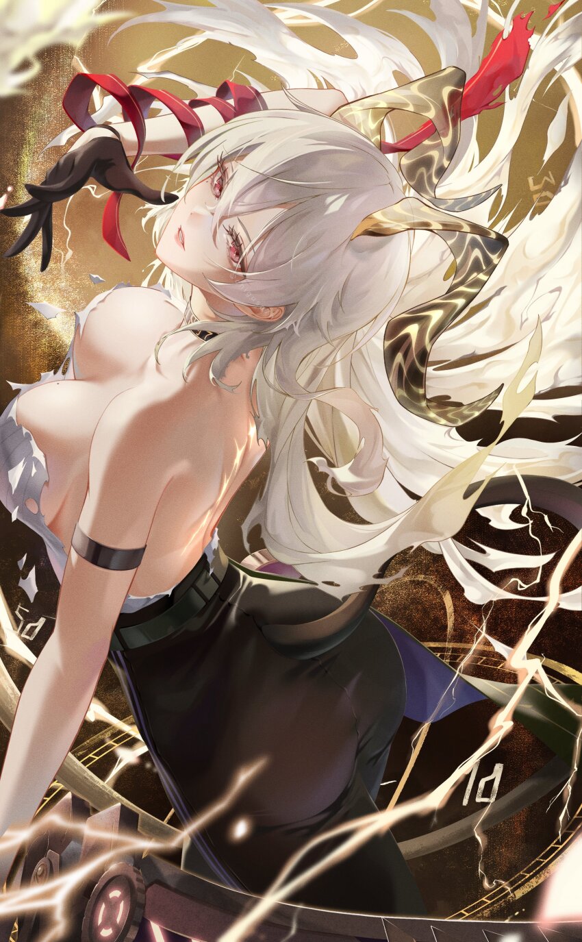 1girl absurdres ass bare_back black_gloves black_horns black_pants black_tail breasts chigusa7h commentary_request curled_horns gloves hair_between_eyes hand_up high-waist_pants highres horns large_breasts long_hair looking_at_viewer necktie necktie_around_wrists pants parted_lips red_eyes red_necktie revision shirt solo tacet_mark_(wuthering_waves) torn_clothes torn_shirt white_hair white_shirt wuthering_waves zani_(wuthering_waves)