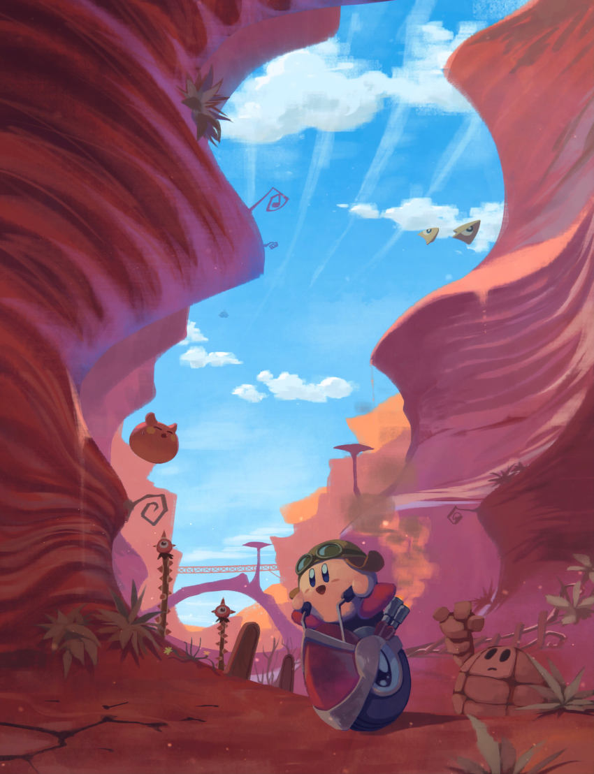 absurdres aviator_cap blue_sky blush_stickers canyon character_request cloud commentary_request goggles goggles_on_headwear hat highres kirby kirby_(series) nintendo no_humans open_mouth outdoors plant riding scarfy sky smile soarar suyasuyabi wheelie_(kirby)