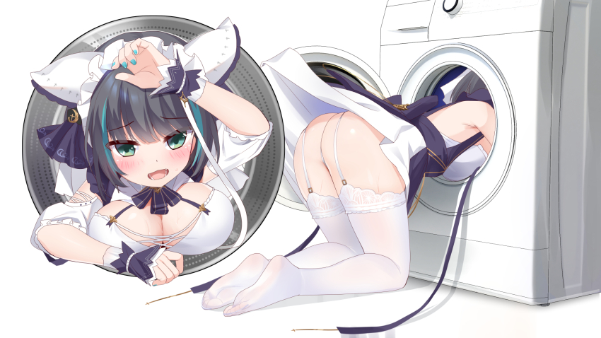 1girl animal_band animal_ears apron ass azur_lane blush breasts cheshire_(azur_lane) cleavage clothes_lift detached_sleeves dress dress_lift fake_animal_ears feet frilled_hairband frills garter_straps grey_hair hairband highres large_breasts long_ribbon looking_at_viewer maid maid_headdress multicolored_hair no_shoes open_mouth panties pantyhose puffy_detached_sleeves puffy_sleeves purple_apron ribbon short_hair smile soles streaked_hair thighhighs two-tone_hair underwear washing_machine white_panties white_pantyhose white_thighhighs xiao_shi_lullaby