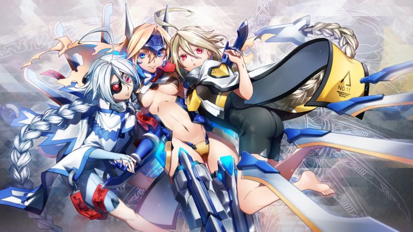 3girls blazblue blazblue:_chronophantasma blonde_hair lambda-11 mecha_musume mu-12 multiple_girls navel nu-13 official_art tagme white_hair