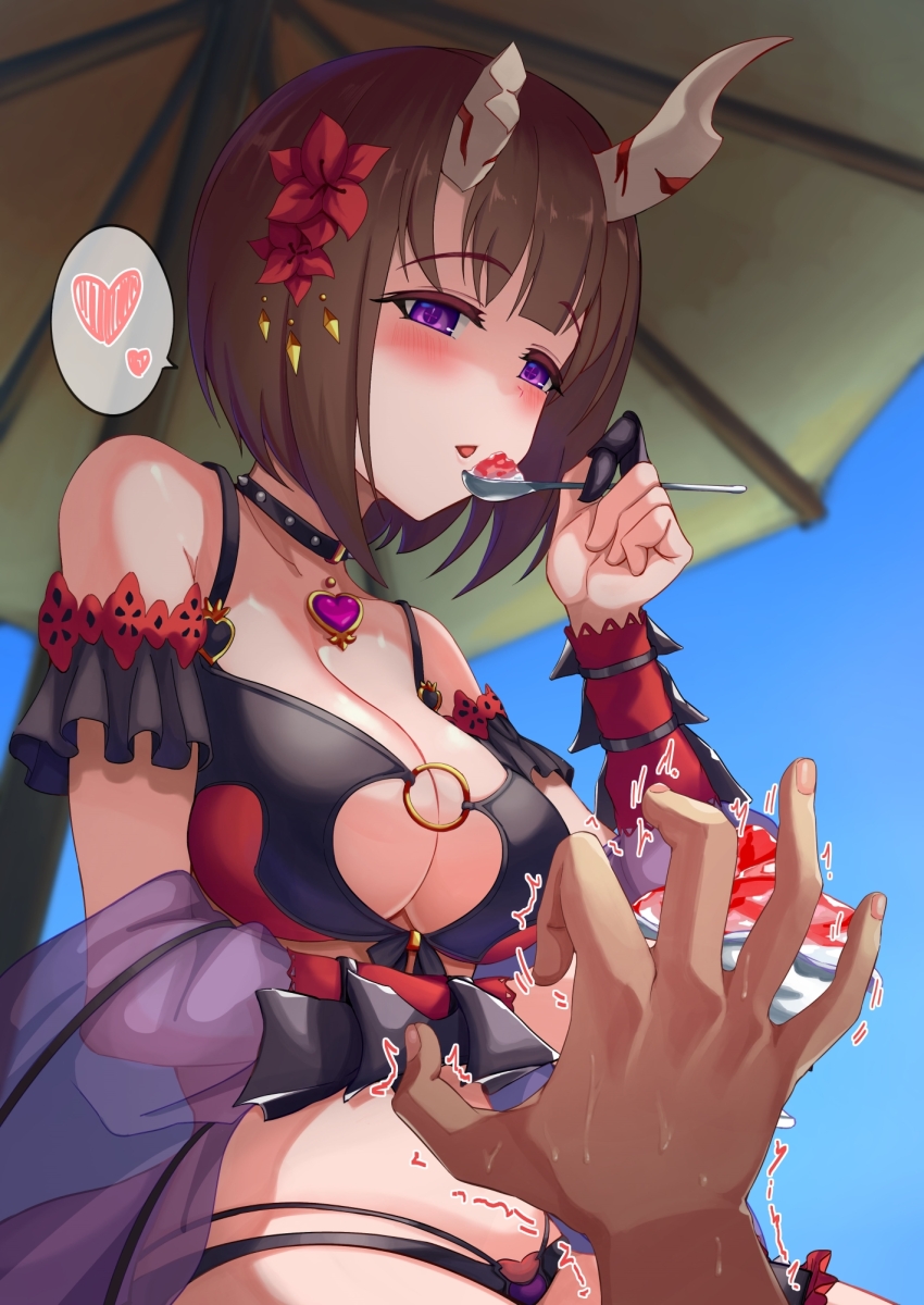 +_+ 1girl belt bikini blue_sky blush bracelet broken_horn choker claw_ring commentary_request cup day demon_horns eriko_(princess_connect!) eriko_(summer)_(princess_connect!) flower_bracelet flower_trim food heart heart_choker highres holding holding_cup holding_spoon horns ice_cream jewelry long_hair looking_at_viewer mononoke_(pixiv53597254) multi-strapped_bikini_bottom multi-strapped_bikini_top multicolored_bikini o-ring o-ring_bikini o-ring_top official_alternate_costume pov_hand princess_connect! purple_shawl purple_tail see-through_clothes see-through_shawl shawl sky smile solo_focus speech_bubble spiked_tail spoken_heart spoon swimsuit tail two-tone_bikini