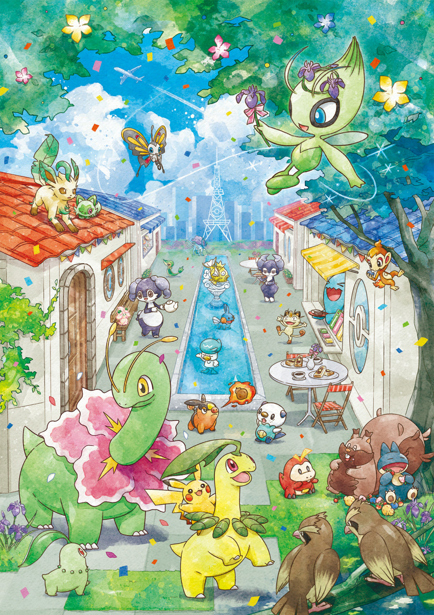 :d aircraft airplane alcremie bayleef beautifly bench berry_(pokemon) blue_eyes building celebi chair chikorita chimchar cloud commentary_request confetti cup day door eating flower fuecoco gen_1_pokemon gen_2_pokemon gen_3_pokemon gen_4_pokemon gen_5_pokemon gen_8_pokemon grass greedent highres holding indeedee indeedee_(female) indeedee_(male) leafeon legendary_pokemon magikarp meganium meowth mudkip munchlax mythical_pokemon nintendo official_art open_mouth oshawott outdoors pidgey pikachu plate pokemon pokemon_(creature) purple_flower quaxly saucer sitting sky smile snivy sprigatito suicune table tepig tree vase water wobbuffet