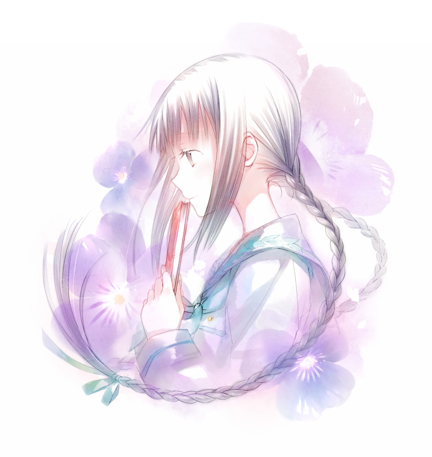 1girl amano_tooko aqua_neckerchief book braid bungaku_shoujo closed_mouth dekatanaba flower flower_request from_side grey_eyes grey_hair highres holding holding_book laurel_crown light_smile long_hair long_sleeves neckerchief purple_flower school_uniform shirt sidelocks solo twin_braids upper_body very_long_hair white_shirt