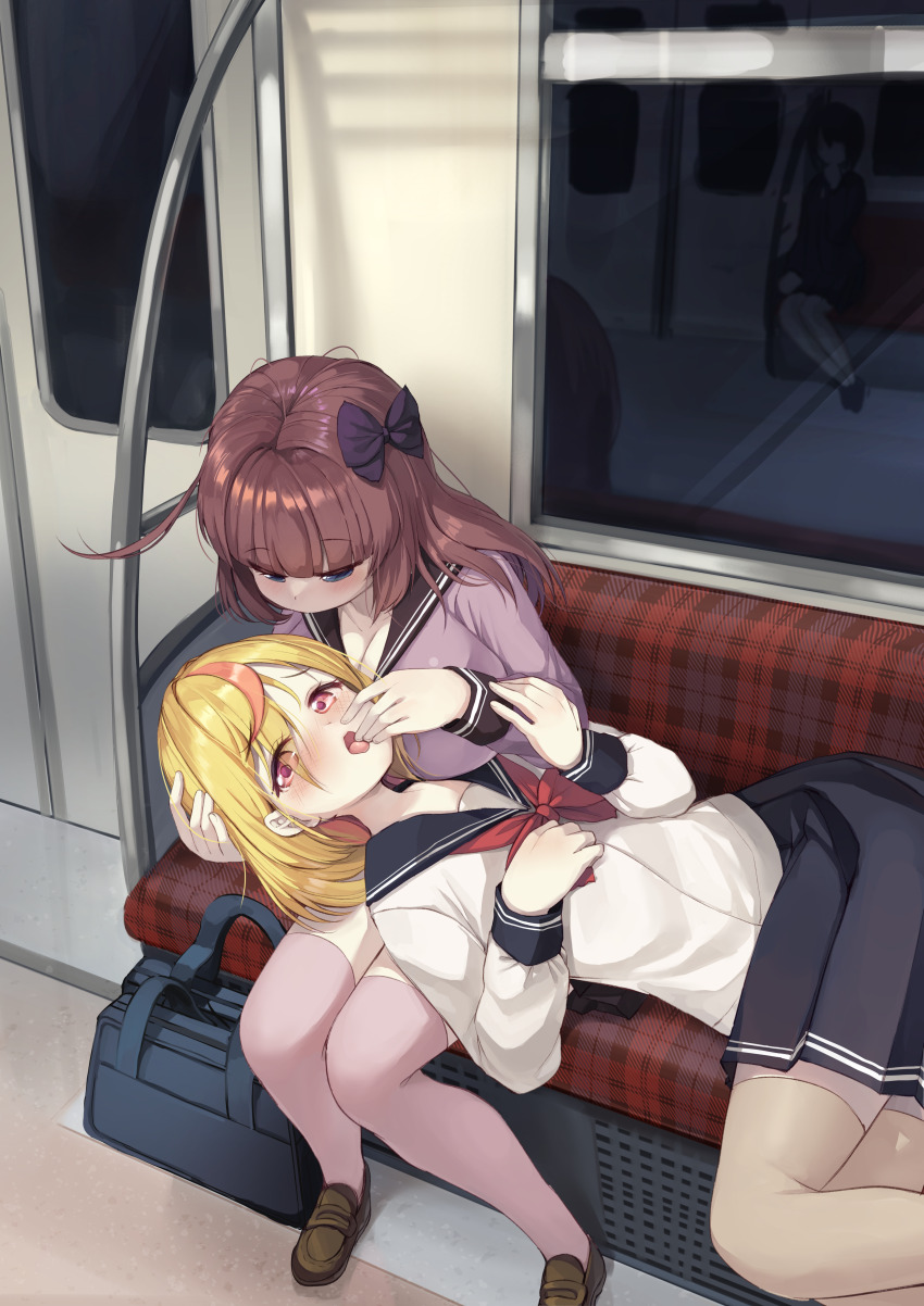 3girls absurdres bag black_bow black_sailor_collar black_skirt blonde_hair blue_eyes bow breasts brown_hair brown_shoes brown_thighhighs commentary_request highres lap_pillow large_breasts loafers long_hair long_sleeves multicolored_hair multiple_girls neckerchief open_mouth original pink_eyes pink_thighhighs pleated_skirt purple_shirt red_neckerchief reflection sailor_collar saliva saliva_trail school_bag school_uniform serafuku shirt shoes skirt streaked_hair thighhighs train_interior wanashi_tam white_shirt yuri