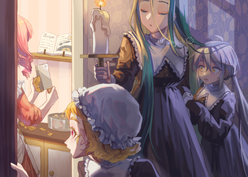 4girls absurdres artist_name blonde_hair book candle closed_eyes collared_dress cookbook cooking doorway dress drill_hair fire gtcockroach hat highres holding indoors knife long_sleeves low_twintails mob_cap multiple_girls open_mouth original parted_lips peeking pink_eyes pink_hair short_hair twintails wallpaper_(object) watermark white_hair