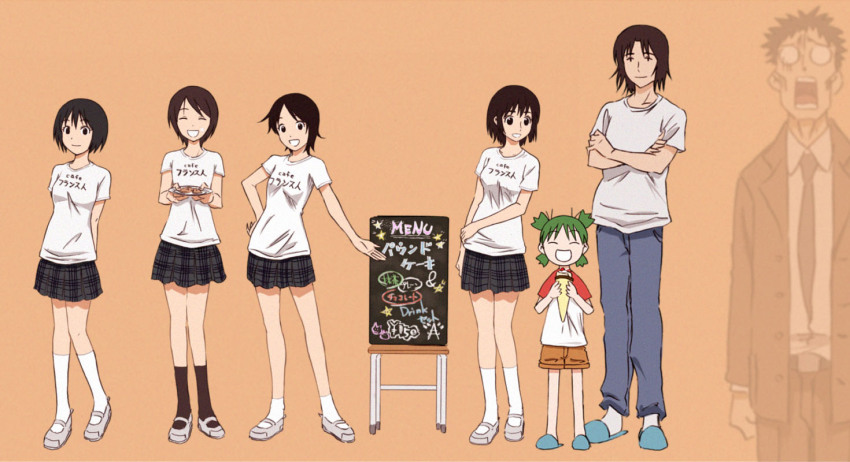 2boys 5girls ^_^ ayase_fuuka azumanga_daiou bad_id bad_pixiv_id black_hair black_legwear cafe cheekbones child closed_eyes creator_connection extra facing_viewer full_body glasses green_hair happy hiwatari kimura koiwai_yotsuba kumosuke kumosuke_(pixiv) looking_at_another menu_board miniskirt mr._koiwai multiple_boys multiple_girls necktie no_socks opaque_glasses open_mouth price quad_tails round_eyewear shimau shirt shoes short_hair simple_background skirt slippers smile socks standing t-shirt teacher thick_eyebrows uwabaki white_legwear white_shirt yotsubato!