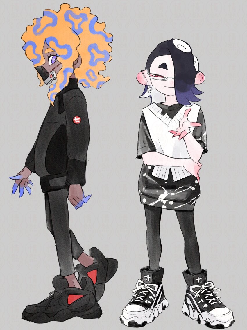 2girls absurdres black_pants black_shirt black_shoes grey_background hair_over_one_eye highres jounetsu_(jonetunoaoitako) mask mouth_mask multiple_girls nintendo orange_hair pants patterned_hair print_shirt profile purple_eyes red_eyes shirt shiver_(splatoon) shoes short_sleeves simple_background splatoon_(series) splatoon_3 suction_cups sweater_vest tao_blu tentacle_hair white-framed_eyewear white_sweater_vest