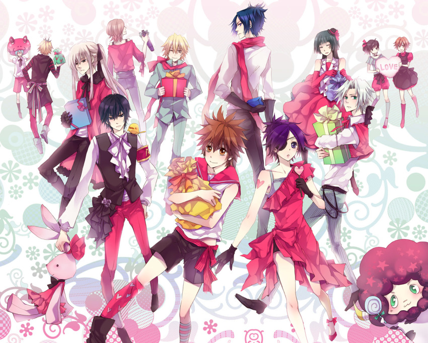 belphegor_(umineko) bian_(artist) bianchi brown_hair cavallone_dino dokuro_chrome everyone gift gokudera_hayato hibari_kyouya katekyo_hitman_reborn! lambo miura_haru purple_hair rokudou_mukuro sasagawa_kyouko sawada_tsunayoshi superbi_squalo