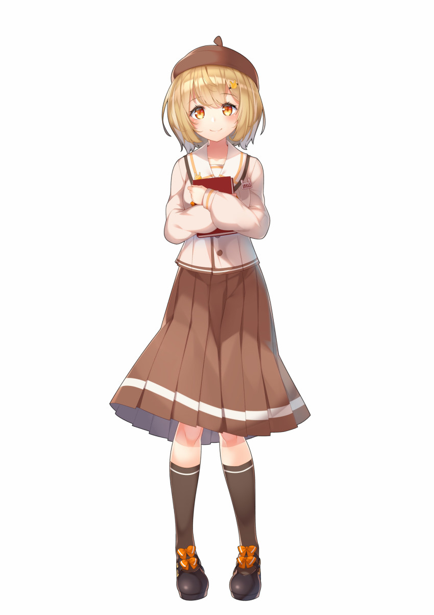 1girl animare beret black_shoes blush book bow brown_hat brown_skirt brown_socks closed_mouth female_focus full_body hair_ornament hairclip hat highres hugging_object inaba_haneru_(animare) kneehighs kokka_han light_brown_hair long_sleeves looking_at_viewer nanashi_inc. orange_bow pleated_skirt puffy_long_sleeves puffy_sleeves rabbit_hair_ornament red_eyes sailor_collar school_uniform serafuku shirt shoes simple_background skirt sleeves_past_wrists smile socks solo standing virtual_youtuber white_background white_sailor_collar white_shirt