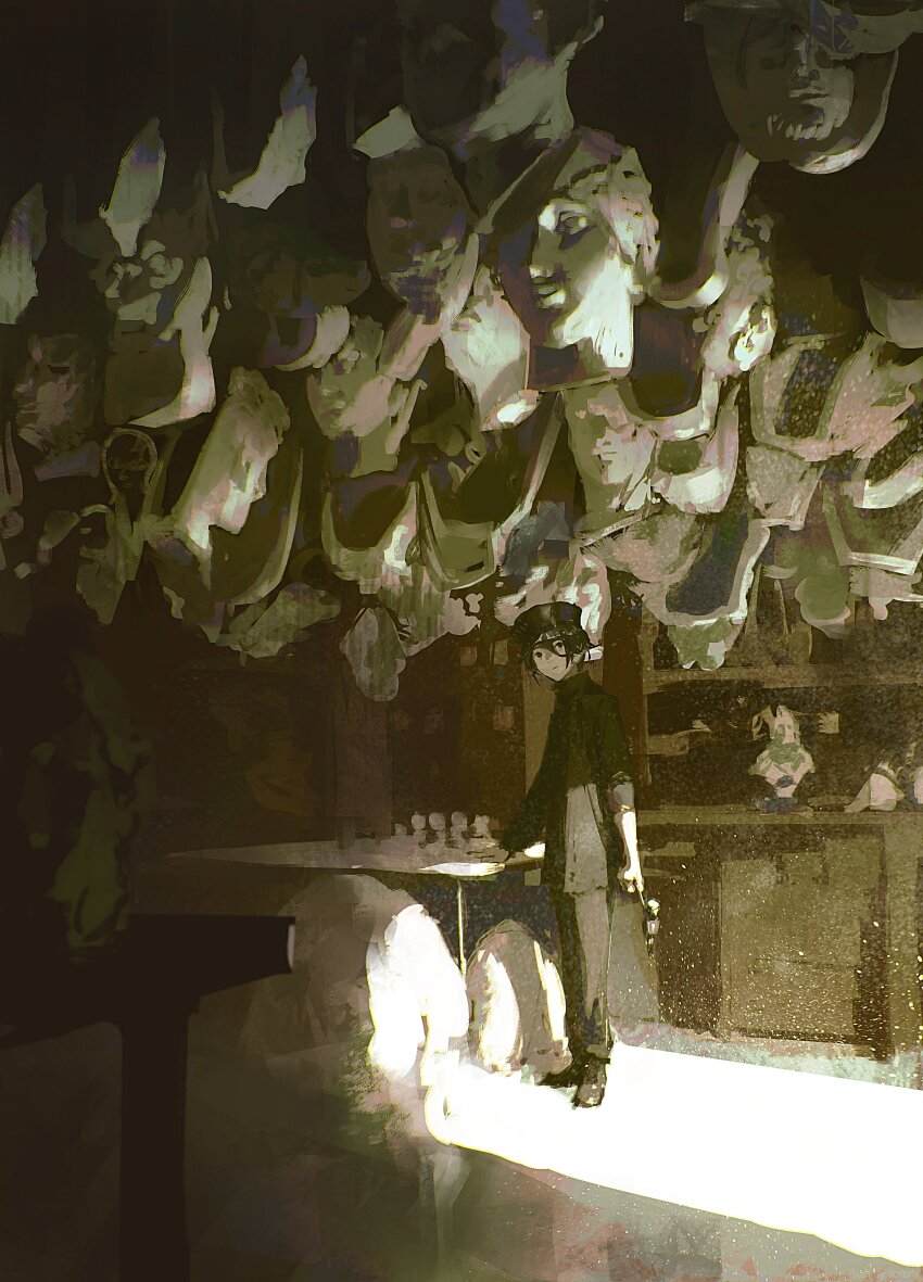 1boy absurdres black_hair black_hat black_jacket black_pants black_shoes collared_jacket full_body hair_between_eyes hat highres indoors jacket male_focus original pants scenery shoes short_hair solo sorrowny standing sunlight table
