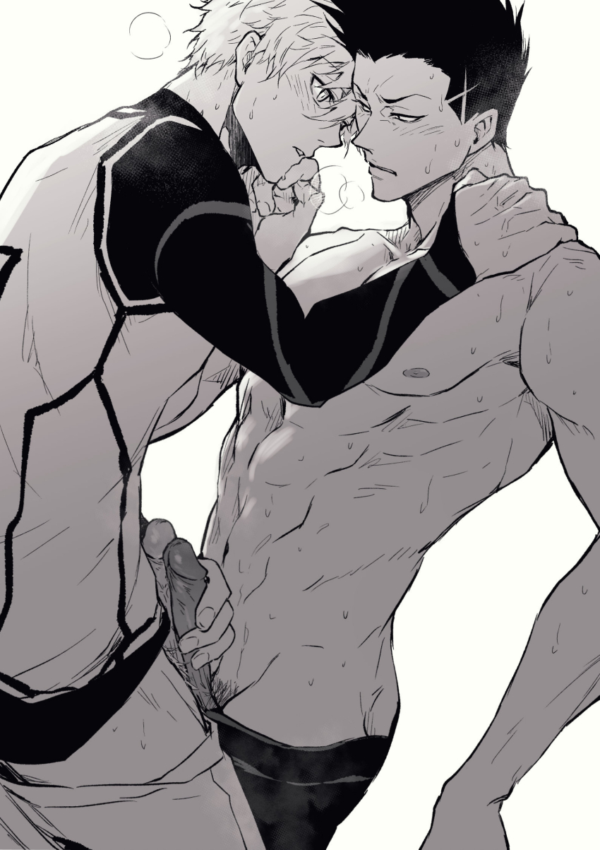 2boys blue_lock blue_lock_bodysuit blush chuma_a_a clothes_pull erection fingernails frottage greyscale hand_on_another&#039;s_shoulder highres looking_at_another male_focus male_masturbation male_pubic_hair masturbation monochrome multiple_boys muscular muscular_male mutual_masturbation pants pants_pull penis penises_touching pubic_hair puff_of_air short_hair simple_background soccer_uniform sportswear sweat topless_male white_background yaoi