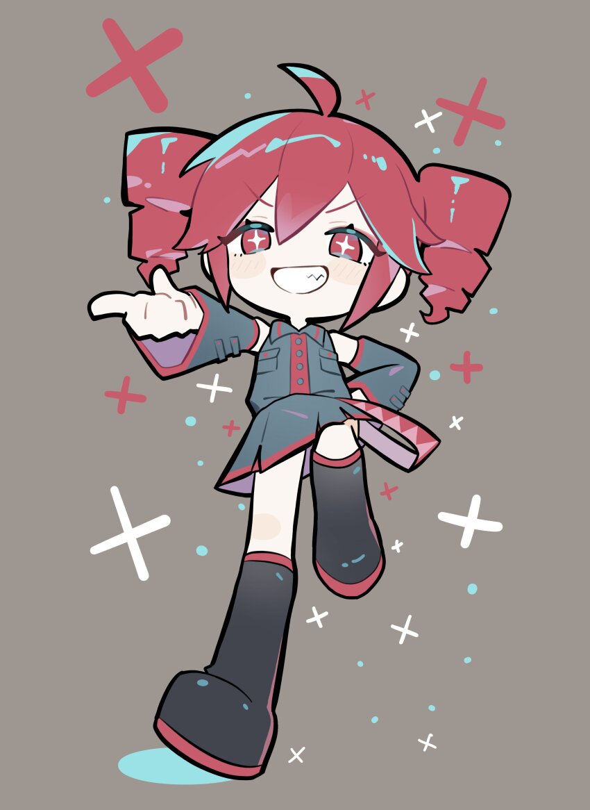 +_+ 1girl absurdres ahoge belt black_boots black_sky black_sleeves blush boots breast_pocket buttons collared_shirt deformed detached_sleeves drill_hair flat_chest grey_background grin hair_between_eyes hand_on_own_hip highres kasane_teto kasane_teto_(utau) knee_boots leg_up miniskirt pocket pointing pointing_at_viewer red_belt red_hair shirt skirt skirt_set sky sleeveless sleeveless_shirt smile solo standing standing_on_one_leg suyu_rin twin_drills utau wing_collar x