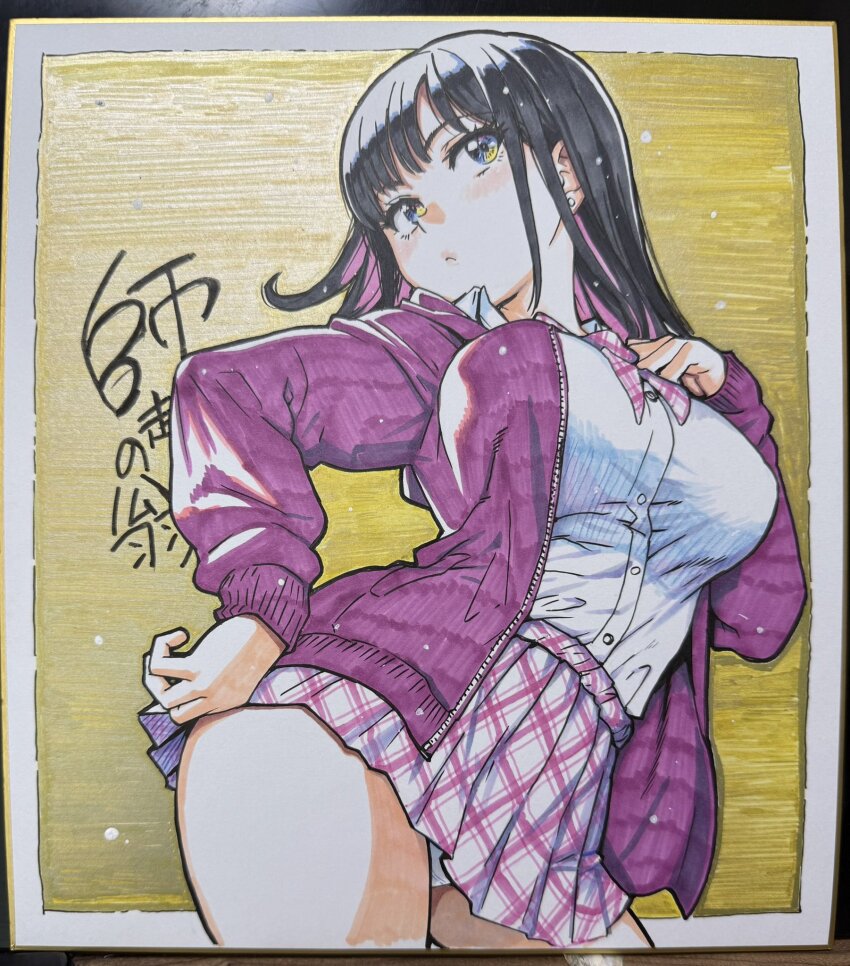1girl black_hair blue_eyes breasts closed_mouth colorized earrings gold_background hand_on_own_hip highres jacket jewelry large_breasts long_hair looking_to_the_side multicolored_eyes multicolored_hair neck_ribbon panties pink_jacket ribbon rindo_komari school_uniform shikishi shirt shiwasu_no_okina sign signature skirt solo standing tagme thighs traditional_media two-tone_hair underwear visible_ears white_panties white_shirt yellow_background