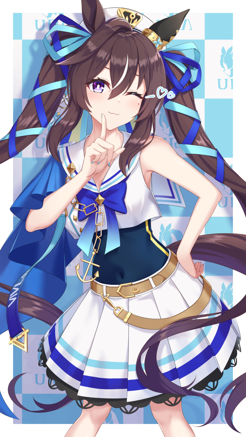 1girl :3 absurdres animal_ears belt beret blush breasts brown_hair commentary_request covered_navel fingernails hat heart highres horse_ears horse_girl horse_tail huangyouxingren long_hair medium_breasts mole mole_under_eye nail_polish one_eye_closed purple_eyes ribbon solo tail twintails umamusume vivlos_(umamusume)