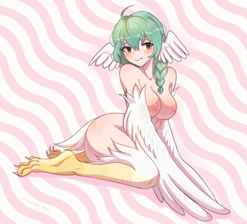 1girl absurdres ahoge birb_(niniidawns) bird_legs bird_tail blush borrowed_character braid breasts brown_eyes chicken_girl commentary english_commentary ev_v1l feathered_wings feathers green_hair hair_between_eyes harpy head_wings highres long_hair looking_at_viewer medium_breasts monster_girl nipples original pink_background solo tail talons twin_braids two-tone_background white_background white_feathers white_wings wide_hips wing_ears winged_arms wings