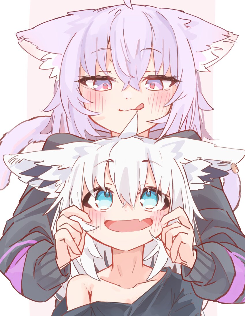 2girls absurdres ahoge animal_ear_fluff animal_ear_piercing animal_ears black_hoodie black_shirt blue_eyes cat_ears cat_girl cat_tail cheek_pinching fang fox_ears fox_girl hair_between_eyes highres hololive hood hoodie light_blush looking_up medium_hair multiple_girls nekomata_okayu nekomata_okayu_(1st_costume) off_shoulder open_mouth pinching purple_eyes purple_hair shirakami_fubuki shirt skin_fang smile tail tensann3 tongue tongue_out virtual_youtuber white_hair