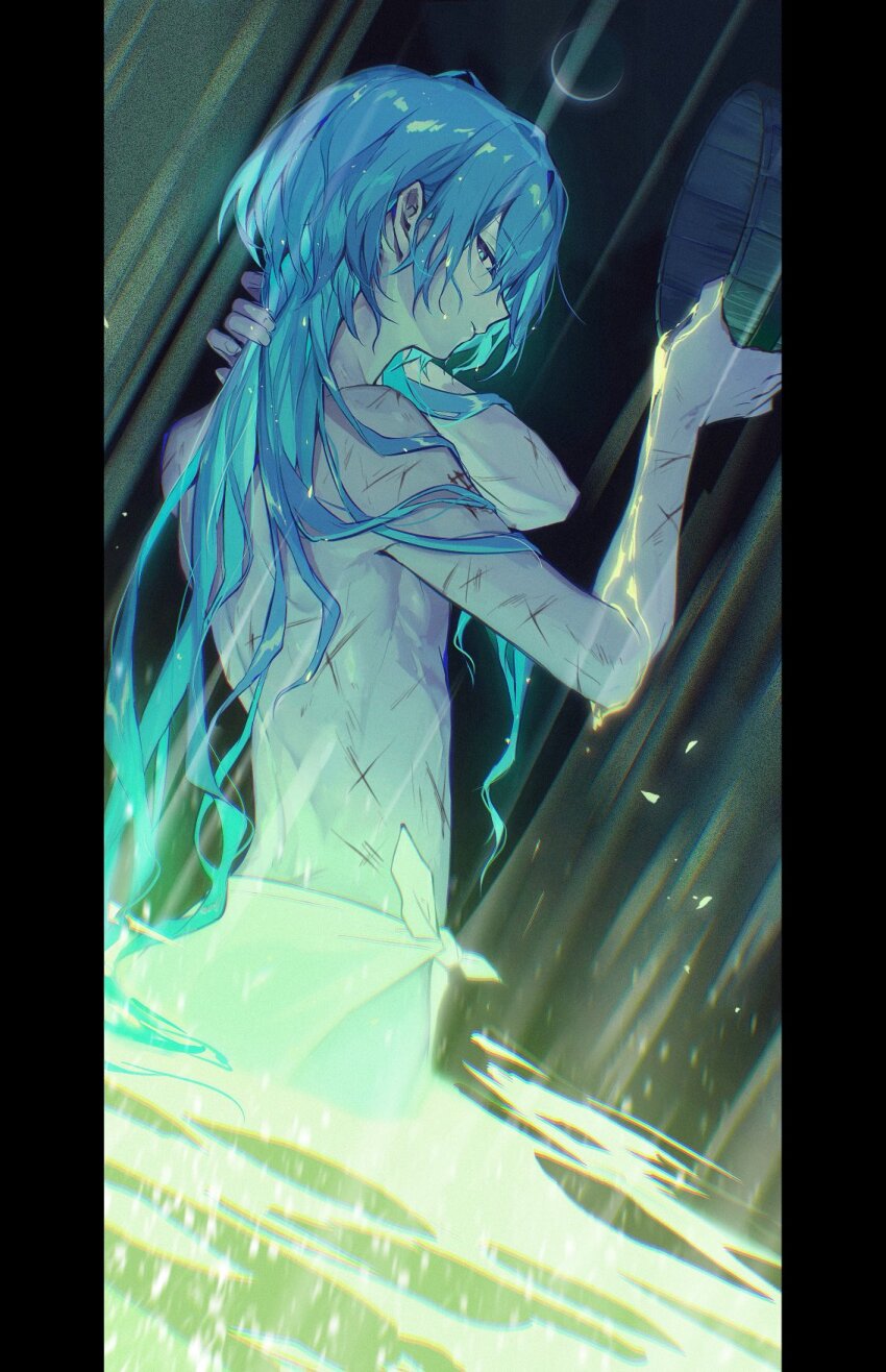 1boy back bishounen black_border blue_eyes blue_hair blurry border bucket closed_mouth crescent_moon depth_of_field dripping expressionless from_behind fubuki_(nige_jouzu_no_wakagimi) hair_between_eyes hand_up highres holding holding_bucket light_particles long_hair looking_back male_focus moon nige_jouzu_no_wakagimi night partially_submerged pillarboxed scar scar_on_arm scar_on_back solo very_long_hair water waterfall_shower wet wet_hair white_loincloth wolf_cut xiao_(creation0528)