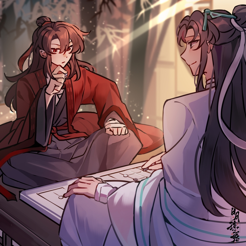 2boys artist_request bamboo bandaged_hand bandages black_eyes black_hair black_hanfu board_game brown_hair chess_piece chessboard chinese_clothes chinese_commentary closed_mouth coat commission dao_gui_yi_xian go_(board_game) hair_bun hair_ornament hair_ribbon hair_stick hand_on_own_chin hanfu highres holding holding_chess_piece indian_style li_huowang light_rays long_hair long_sleeves looking_at_another male_focus multiple_boys red_coat red_eyes red_ribbon ribbon robe second-party_source sidelocks single_hair_bun sitting smile white_hanfu white_ribbon wide_sleeves yaoi zhuge_yuan