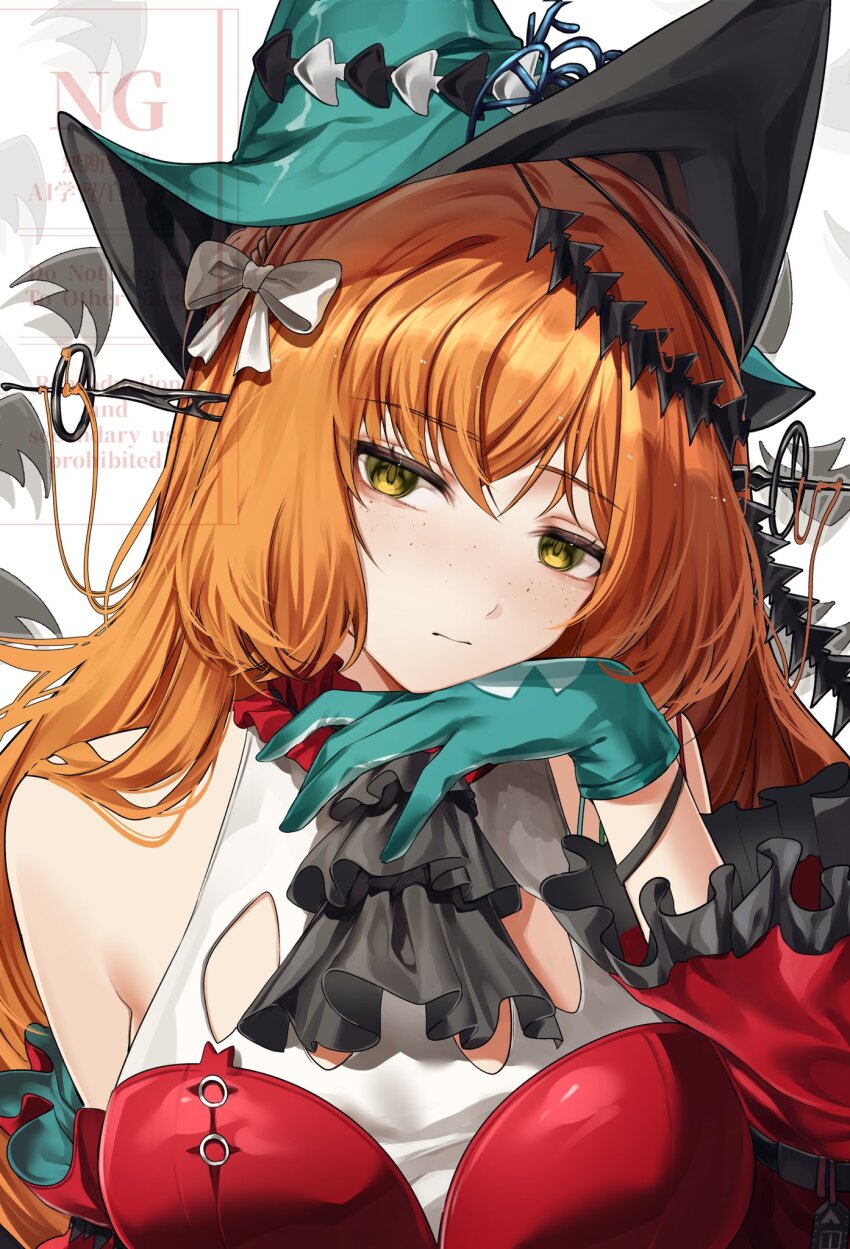 1girl aqua_gloves aqua_hat arknights blush bow brown_hairband choker closed_mouth cosplay gloves hair_bow hairband hat highres ishmael_(project_moon) limbus_company long_hair orange_hair project_moon red_choker rope sidelocks simple_background skadi_(arknights) skadi_the_corrupting_heart_(arknights) skadi_the_corrupting_heart_(arknights)_(cosplay) sohdvh_khos_ph solo upper_body very_long_hair white_background white_bow