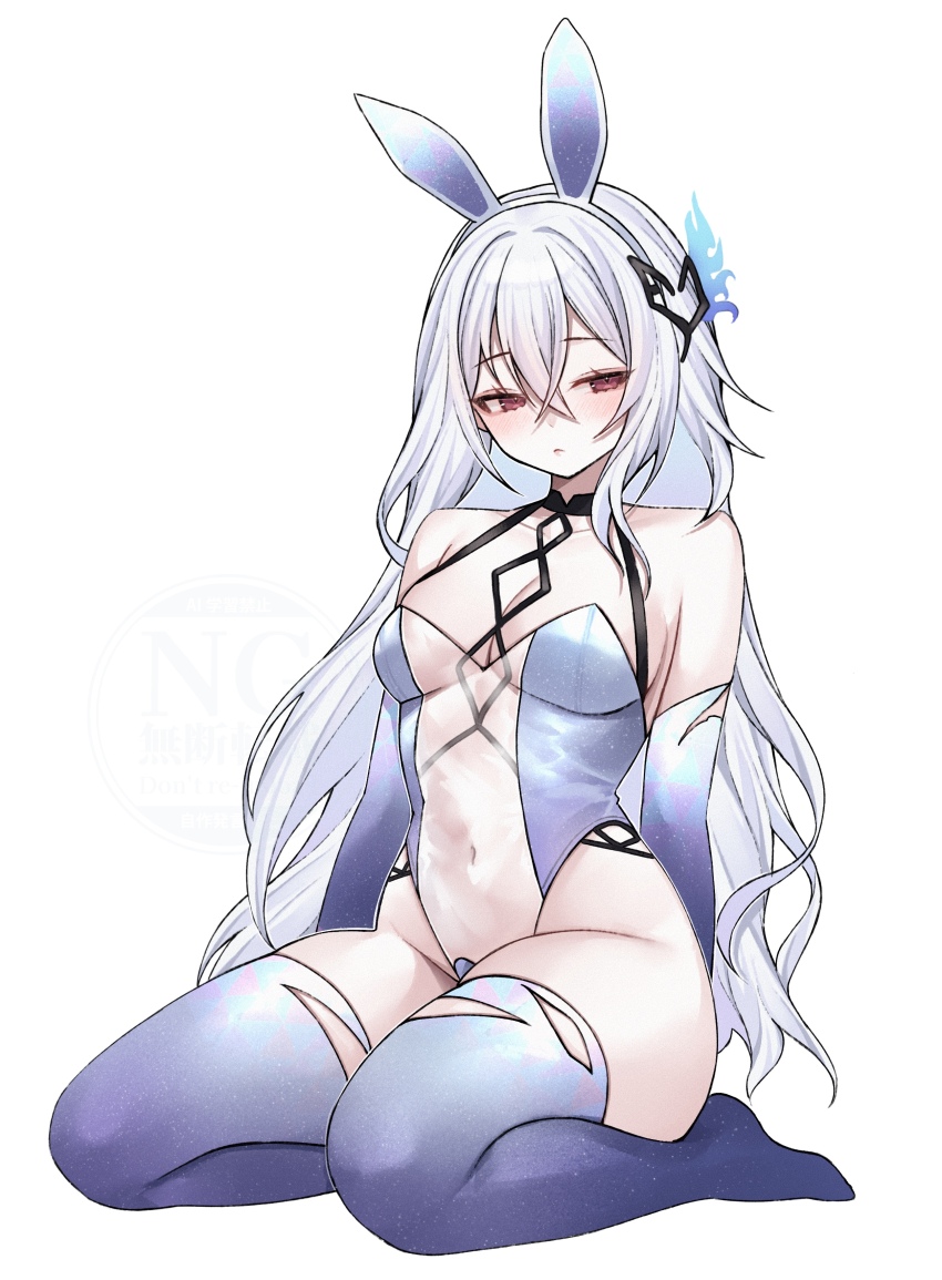 1girl absurdres alternate_costume animal_ear_hairband animal_ears bare_shoulders blush breasts cleavage closed_mouth commentary covered_navel elbow_gloves english_commentary fake_animal_ears full_body genshin_impact gloves grey_hair hair_between_eyes hair_ornament hairband highleg highleg_leotard highres large_breasts leotard long_hair miclipse playboy_bunny purple_gloves purple_thighhighs rabbit_ear_hairband rabbit_ears red_eyes see-through_clothes see-through_leotard seiza sitting skirk_(genshin_impact) solo thighhighs thighs torn_clothes torn_thighhighs very_long_hair