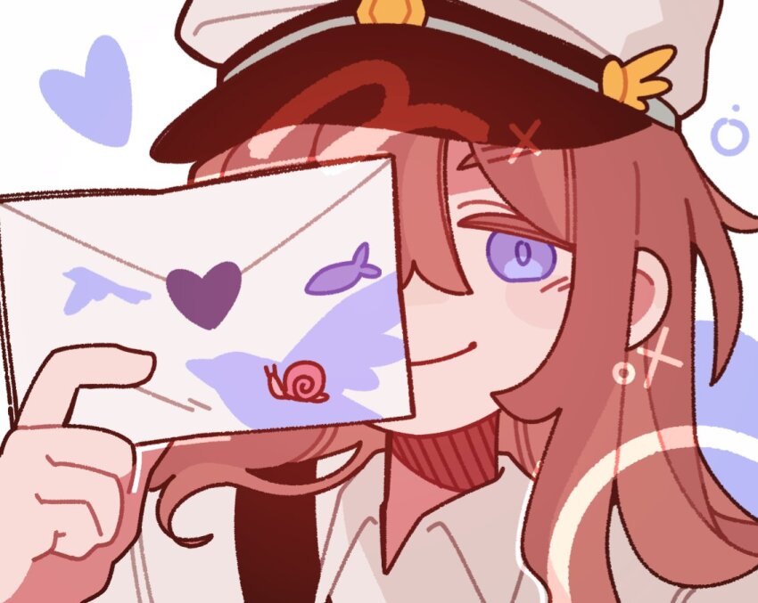 1girl avo_(avo0930) blue_eyes brown_hair collared_shirt commentary envelope hashtag-only_commentary hat heart hermitcraft holding holding_envelope long_hair minecraft_youtube official_alternate_costume pearlescentmoon pearlescentmoon_(postmaster) portrait shirt simple_background smile snail solo sticker white_background white_hat white_shirt