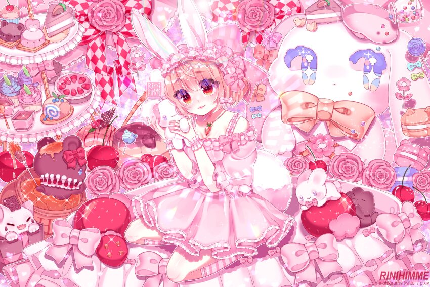 1girl absurdres animal animal_ears artist_name bear bow cake cake_slice carrot carrot_(one_piece) carrot_cake carrot_necklace cat cherry chocolate commentary commission cupcake dress english_commentary flower food frilled_dress frills fruit heart highres honey humanization jar jewelry kneeling looking_at_viewer macaron necklace one_piece pink_dress pink_hair pink_theme rabbit rabbit_ears rabbit_girl rabbit_tail red_eyes rinihimme rose solo sparkle strawberry stuffed_animal stuffed_rabbit stuffed_toy swiss_roll tail watermark yume_kawaii