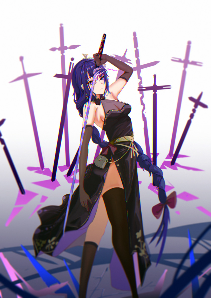 1girl absurdres alternate_costume asymmetrical_bangs bare_shoulders bigchaping black_gloves black_thighhighs bow bowtie braid breasts cleavage dress earrings genshin_impact gloves hair_bow highres holding holding_sword holding_weapon jewelry long_hair looking_at_viewer purple_eyes purple_hair raiden_shogun side_slit sideboob single_braid sleeveless sleeveless_dress solo sword thighhighs very_long_hair weapon
