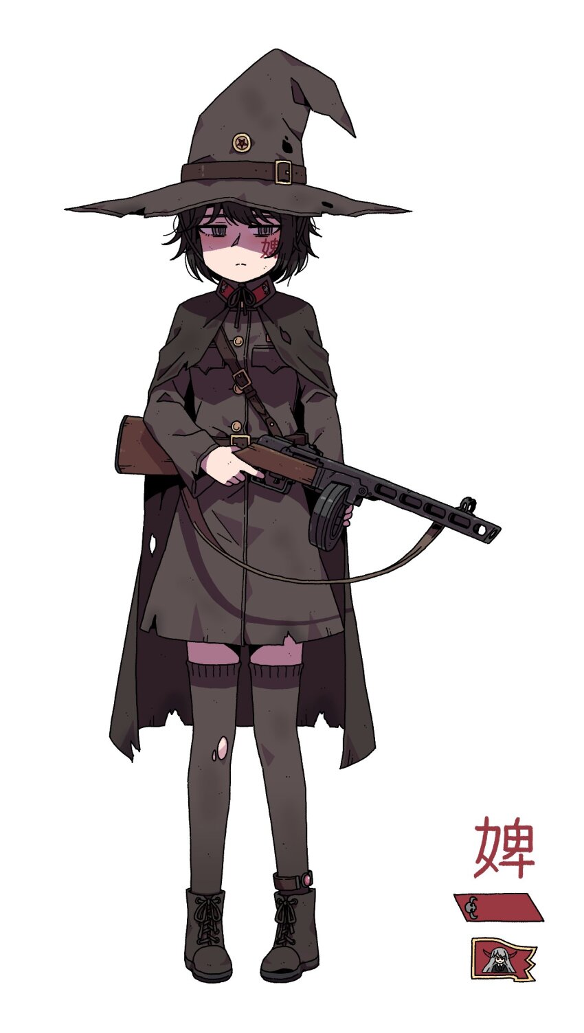 1girl belt belt_buckle black_belt black_boots black_cloak black_hair boots buckle cloak closed_mouth commentary english_commentary facial_mark full_body grey_eyes grey_hat grey_jacket grey_thighhighs gun hat hat_belt highres holding holding_gun holding_weapon jacket karepack lace-up_boots long_sleeves original ppsh-41 simple_background solo standing submachine_gun thighhighs thighhighs_under_boots torn_cloak torn_clothes torn_jacket torn_thighhighs trigger_discipline weapon white_background witch_hat