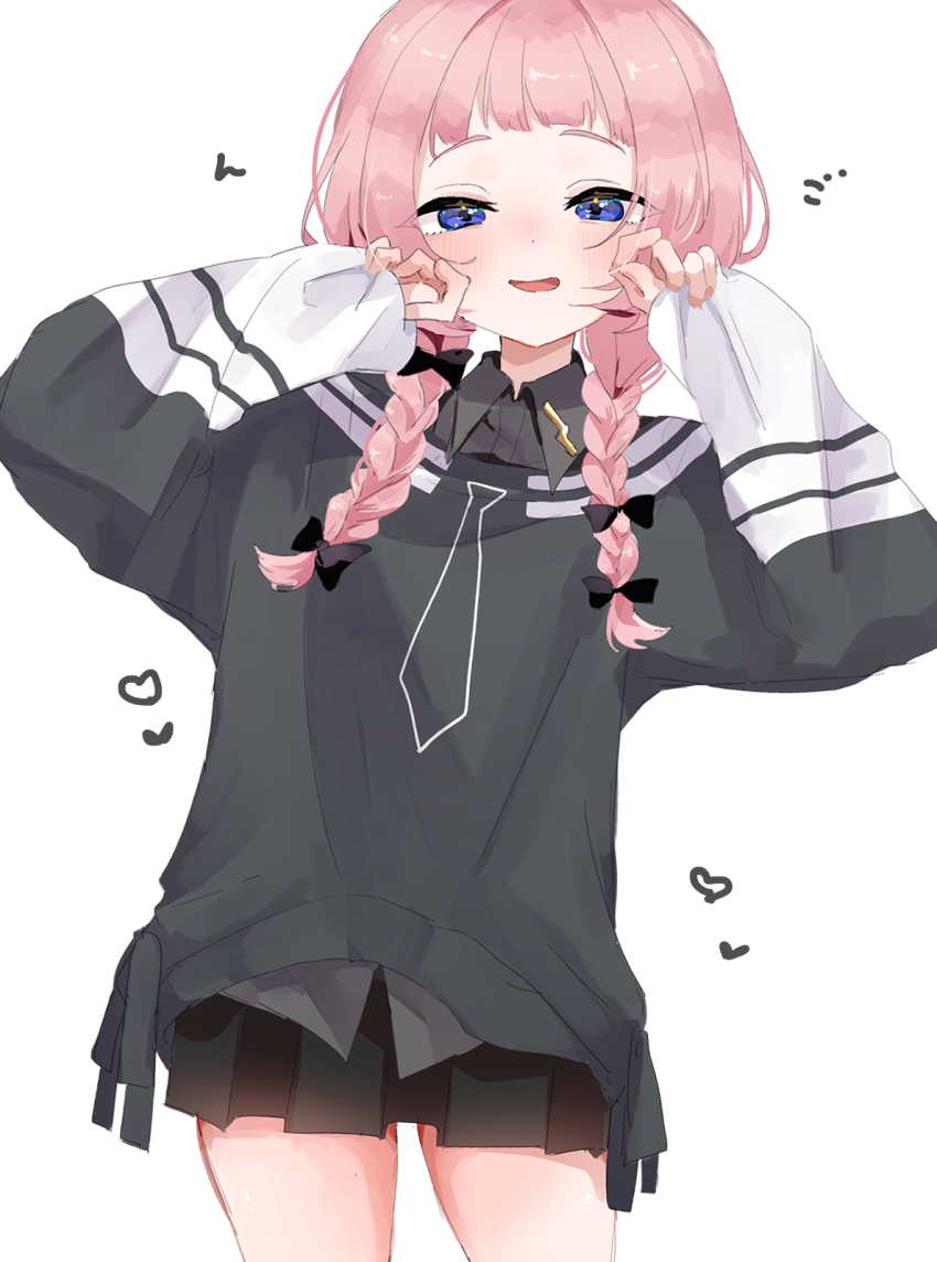 1girl black_bow blue_eyes blush bow braid collared_shirt emi537469 hair_bow heart highres looking_at_viewer nijisanji open_mouth pink_hair shirt simple_background solo suo_sango twin_braids virtual_youtuber white_background