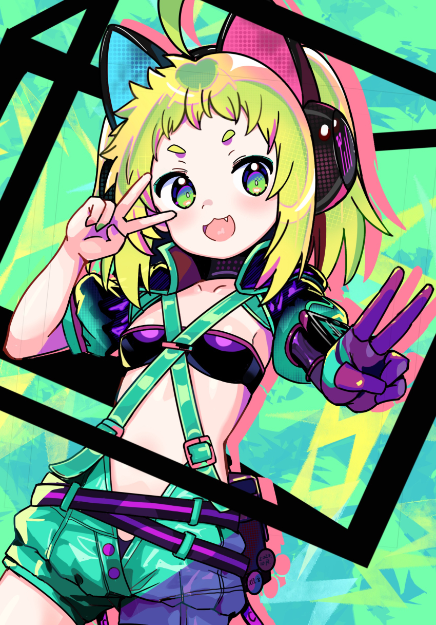 1girl :3 ahoge animal_ear_headphones animal_ears antenna_(dohna_dohna) bandeau breasts cat_ear_headphones criss-cross_suspenders dohna_dohna_issho_ni_warui_koto_o_shiyou double_v fake_animal_ears fang gloves green_eyes green_hair headphones highres looking_at_viewer medium_hair nangong_(skarndrnjs) open_mouth short_eyebrows shorts shrug_(clothing) single_glove small_breasts smile solo suspender_shorts suspenders v