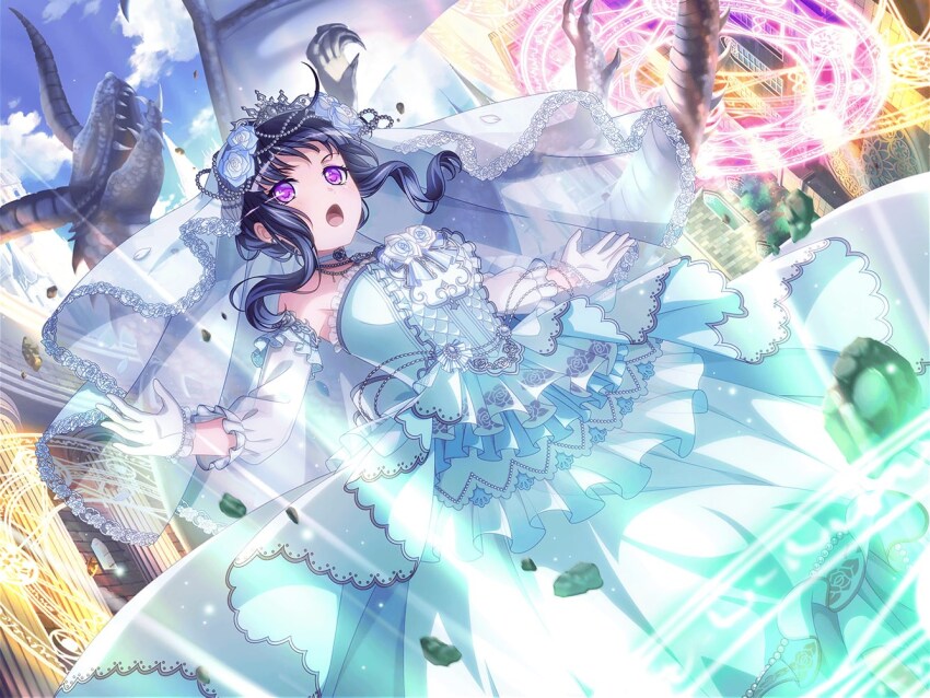 1girl artist_request bang_dream! black_hair blue_sky bridal_veil choker cloud cloudy_sky dragon dress gloves jewelry long_hair official_art open_mouth purple_hair shirokane_rinko sky solo standing veil wedding_dress white_gloves
