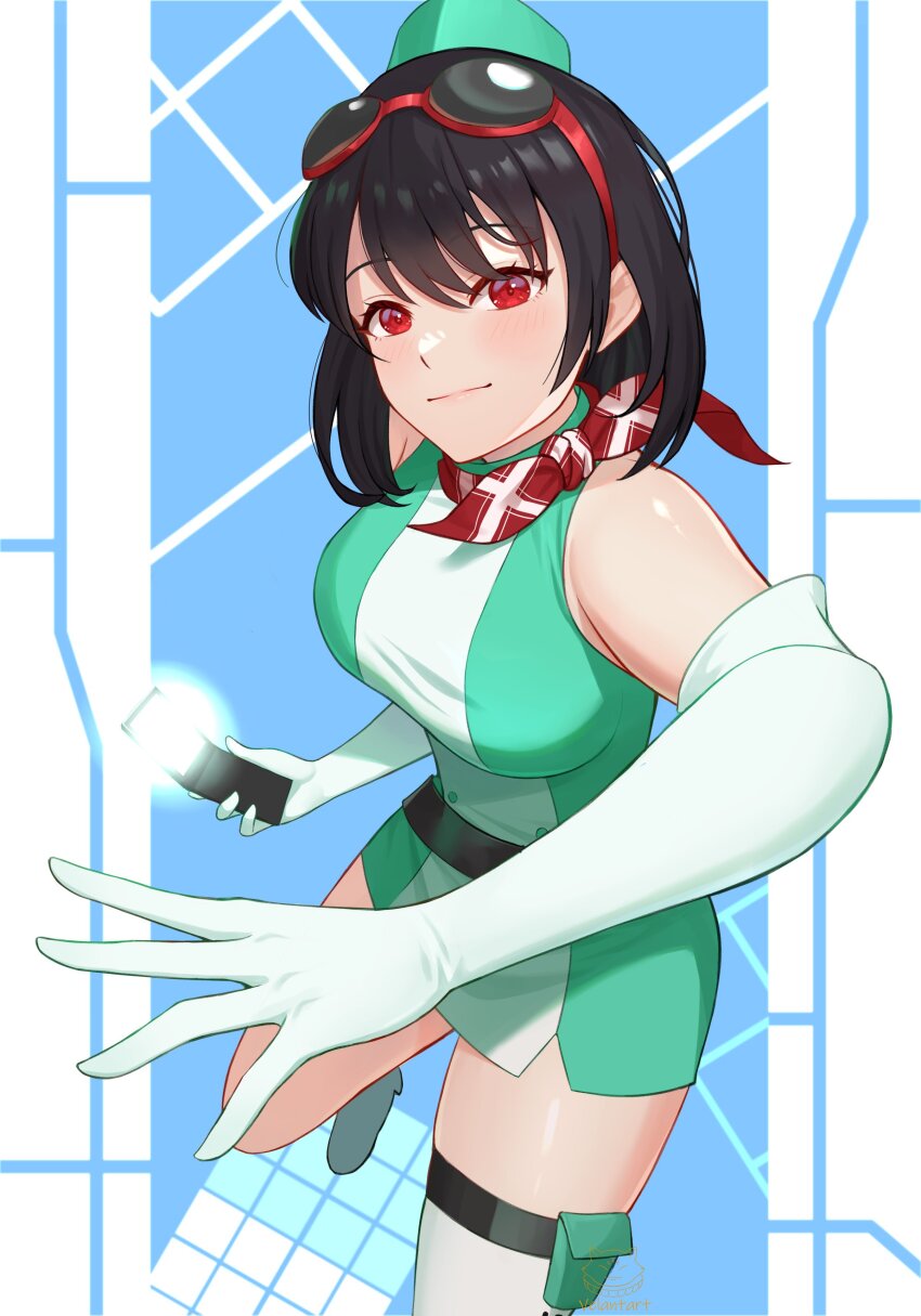 1girl absurdres bare_shoulders black_hair blue_background breasts cellphone cowboy_shot digimon digimon_story:_time_stranger dress elbow_gloves flip_phone gloves goggles goggles_on_head green_dress highres holding holding_phone large_breasts phone red_eyes short_hair simple_background sleeveless sleeveless_dress solo velantart white_dress white_gloves yuuki_kanan yuuki_kanan