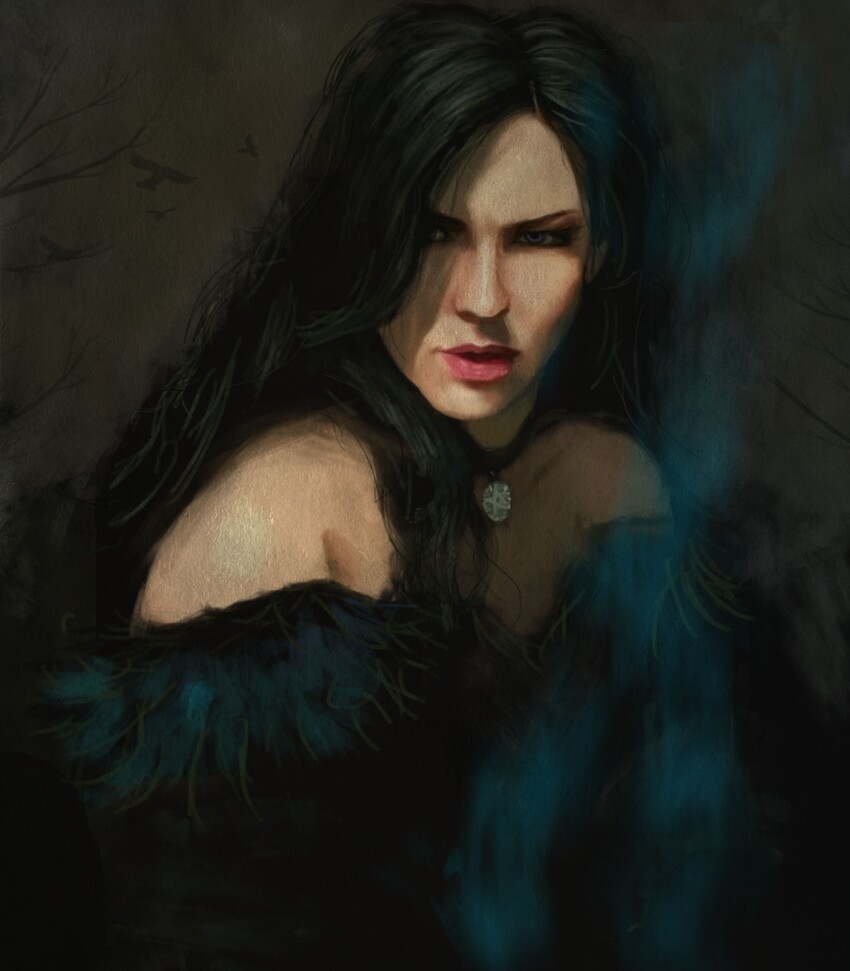 1girl black_choker black_hair choker highres long_hair looking_at_viewer nick_rubio painting_(medium) pendant_choker purple_eyes solo the_witcher_(series) the_witcher_3 traditional_media upper_body yennefer_of_vengerberg