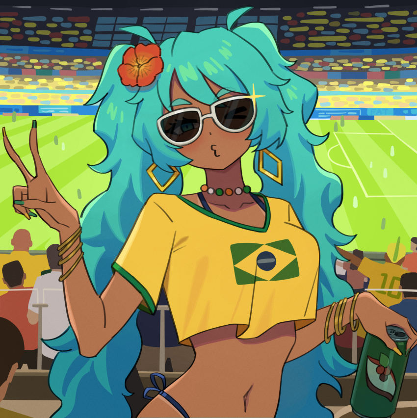 1girl bead_choker beads bikini blue_bikini brazilian_flag brazilian_flag_print brazilian_miku can cropped_shirt earrings fatzhai flag_print flower gold_earrings hair_flower hair_ornament hatsune_miku highres holding holding_can jewelry navel one_eye_closed people puckered_lips shirt skol soccer_field solo stadium sunglasses swimsuit tan tanline_peek vocaloid yellow_shirt