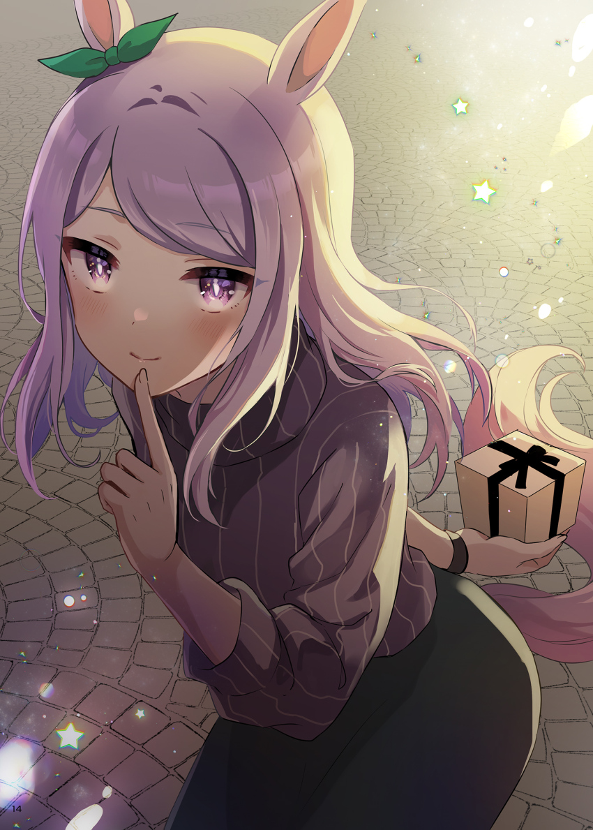1girl alternate_costume anbutter_siruko animal_ears bow box ear_ribbon finger_to_own_chin gift gift_box green_ribbon green_skirt highres holding holding_box horse_ears horse_girl horse_tail index_finger_raised long_hair mejiro_mcqueen_(umamusume) purple_eyes purple_hair purple_sweater ribbon skirt smile solo star_(symbol) sweater swept_bangs tail umamusume vertical-striped_sweater