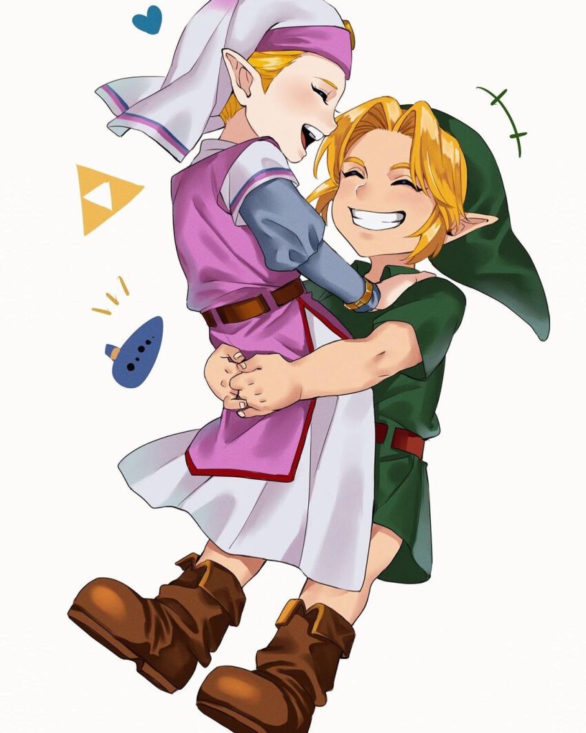 +++ 1boy 1girl belt blonde_hair blue_sleeves boots brown_belt brown_footwear carrying carrying_person child closed_eyes dress facing_another full_body green_hat green_tunic grin hand_on_another&#039;s_shoulder happy hat heart highres instrument juliet_sleeves link long_dress long_sleeves nintendo ocarina open_mouth pink_dress pink_hat pointy_ears princess_zelda puffy_sleeves short_sleeves simple_background smile sushisalmon95 teeth the_legend_of_zelda the_legend_of_zelda:_ocarina_of_time triforce tunic two-tone_dress two-tone_hat upper_teeth_only white_background white_dress white_hat young_link young_zelda