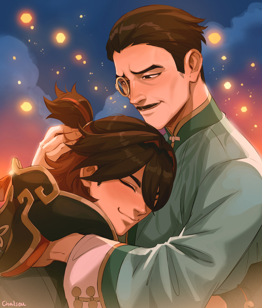 2boys black_eyes black_hood brown_hair chalseu chinese_clothes closed_eyes closed_mouth facial_hair father_and_son gaming&#039;s_father_(genshin_impact) gaming_(genshin_impact) genshin_impact grey_shirt hair_between_eyes highres hug long_sleeves male_focus multicolored_hair multiple_boys mustache red_hair round_eyewear semi-rimless_eyewear shirt smile
