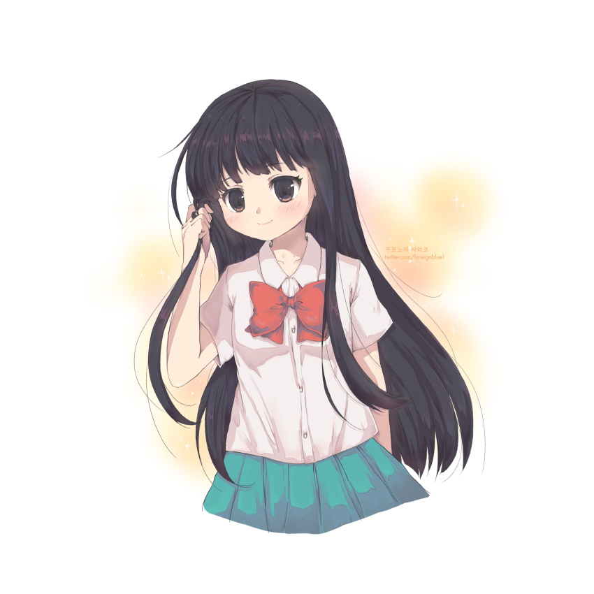 1girl absurdres bad_id bad_pixiv_id black_hair blush bow bowtie brown_eyes closed_mouth collarbone collared_shirt commentary_request dress_shirt female_focus foreign_blue green_skirt head_tilt highres holding holding_own_hair kimi_ni_todoke korean_text kuronuma_sawako long_hair looking_at_viewer pleated_skirt red_bow red_bowtie shirt short_sleeves skirt smile solo translation_request very_long_hair watermark web_address white_shirt