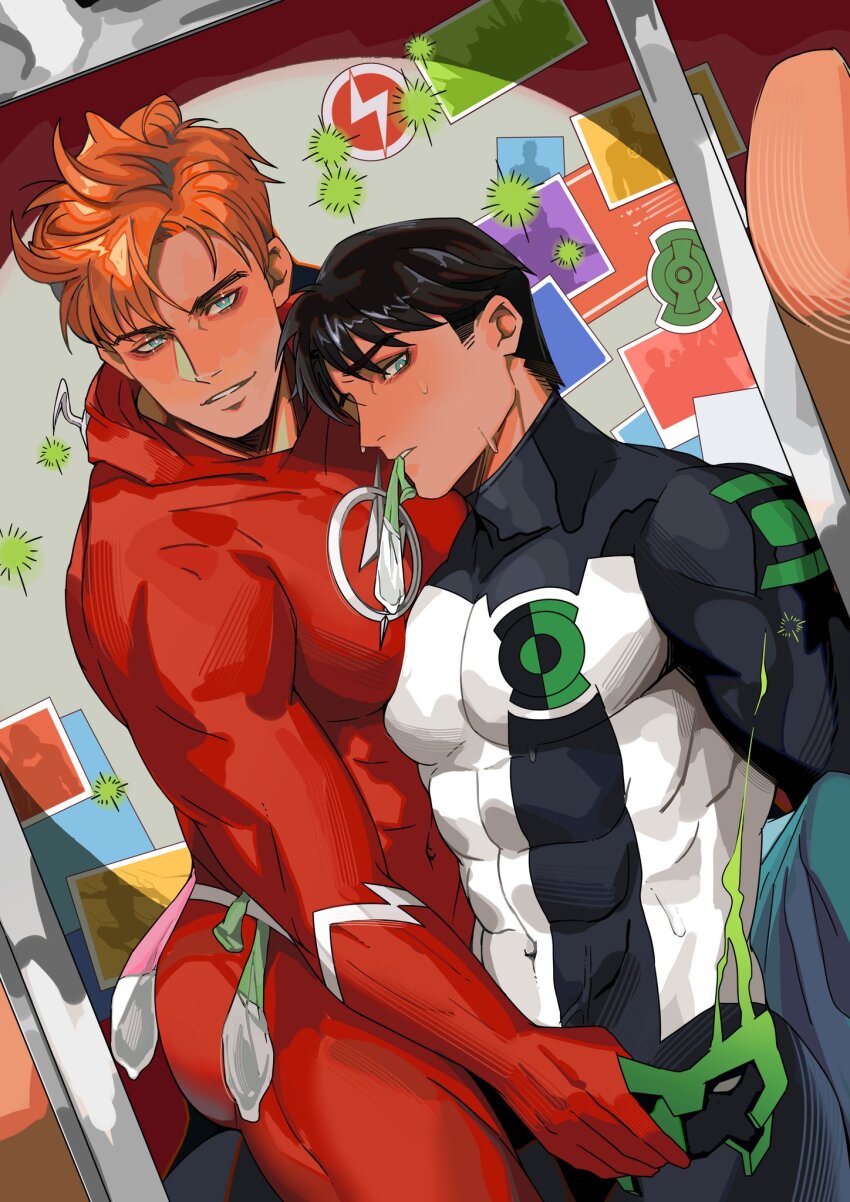 2boys ass bara black_bodysuit black_hair blush bodysuit condom condom_belt condom_in_mouth covered_abs dc_comics doufujintianxianle green_lantern green_lantern_(series) highres holding holding_mask kid_flash kyle_rayner large_pectorals male_focus mask mouth_hold multiple_boys muscular muscular_male orange_hair pectorals red_bodysuit short_hair sitting sitting_on_person smile the_flash_(series) two-tone_bodysuit wally_west white_bodysuit yaoi