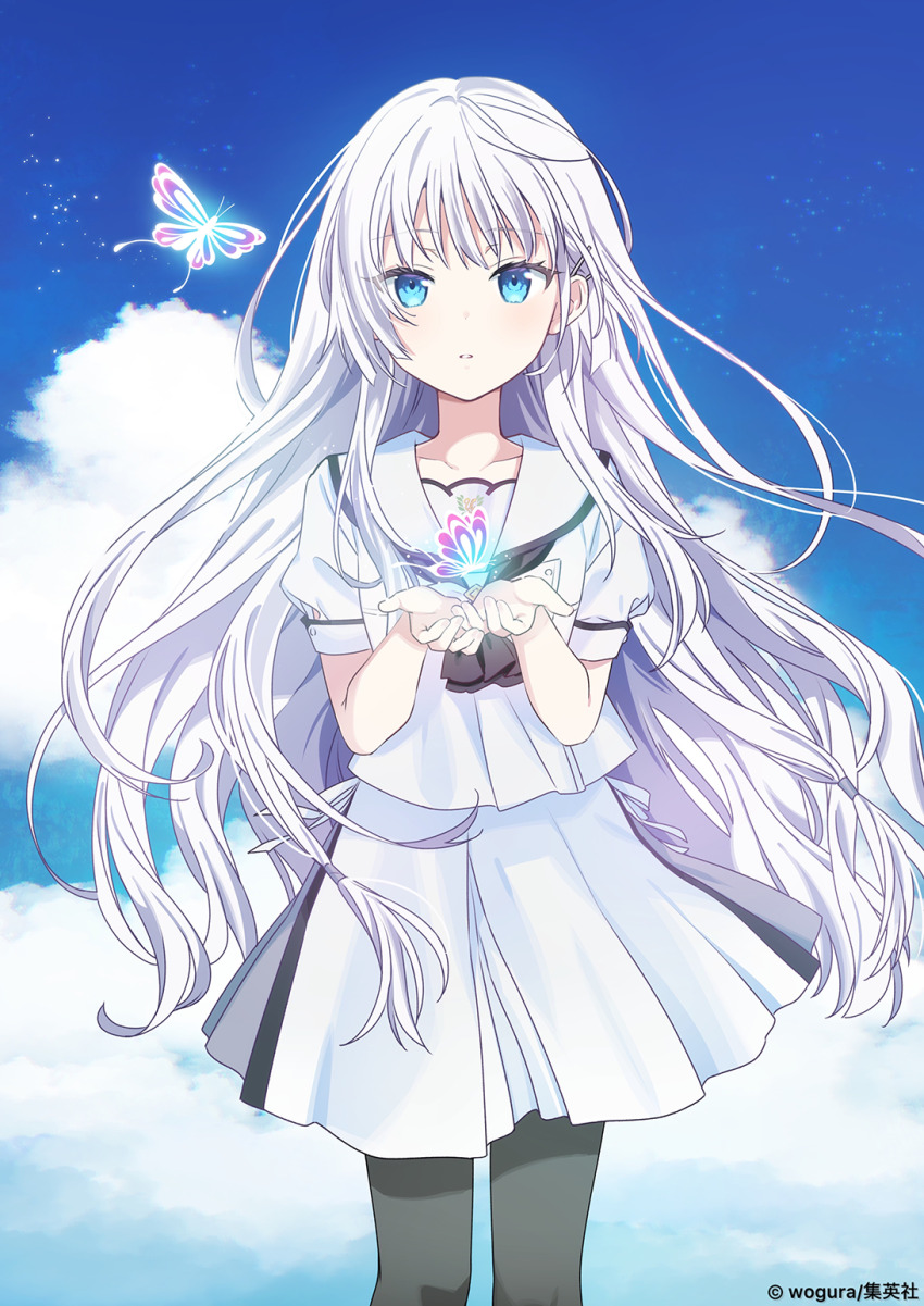 1girl =_hair_ornament artist_name ascot black_ascot black_pantyhose blue_butterfly blue_eyes blue_sky bug butterfly cowboy_shot day eyelashes floating_hair glowing_butterfly hair_between_eyes hair_ornament hairclip hands_up highres insect long_hair looking_at_viewer miniskirt naruse_shiroha official_art open_hands outdoors pantyhose parted_lips puffy_short_sleeves puffy_sleeves sailor_collar school_uniform serafuku shirt short_sleeves sidelocks skirt sky solo straight-on summer_pockets summer_pockets_school_uniform very_long_hair white_hair white_sailor_collar white_serafuku white_shirt white_skirt wind wogura
