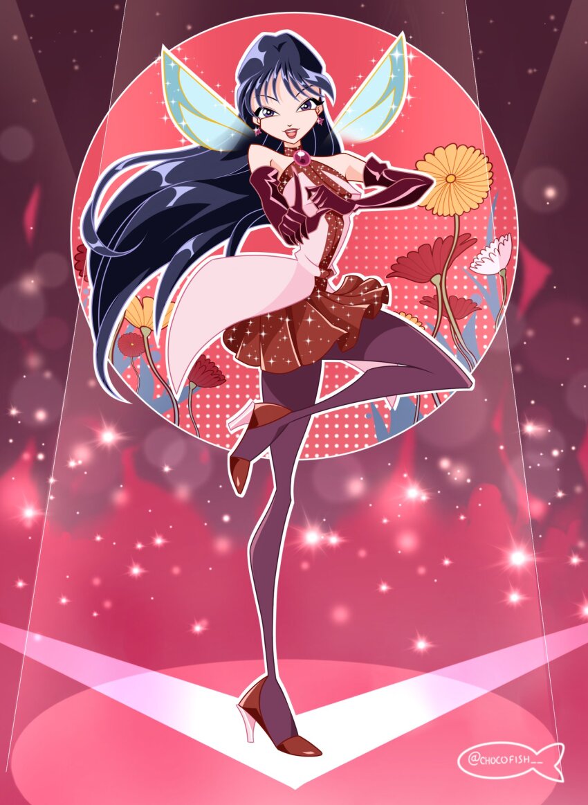 1girl alternate_costume bad_id bad_twitter_id bare_shoulders bishoujo_senshi_sailor_moon black_vest blue_wings cartoonized chocofish circle clenched_hand commentary daisy_(flower) diamond_earrings dress earrings elbow_gloves english_commentary fairy fairy_wings fiery_background fire floating_hair flower full_body gloves halftone halftone_background halter_dress halterneck hand_on_own_chest happy high_heels highres hino_rei jewelry leg_up light_particles lipstick long_hair magical_girl makeup open_mouth outline pantyhose parody pleated_dress pumps purple_eyes purple_pantyhose red_background red_dress red_flower red_gloves red_lips red_shoes sailor_mars shoes smile solo sparkle spotlight style_parody teeth toon_(style) twitter_username upper_teeth_only very_long_hair vest watermark white_flower white_outline wings winx_club yellow_flower