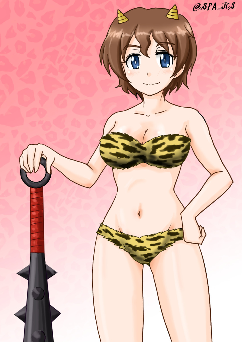 1girl akaboshi_koume bikini blue_eyes brown_hair club_(weapon) girls_und_panzer hand_on_own_hip highres holding holding_club holding_weapon nspa_(spa-jcs) oni print_bikini setsubun short_hair smile strapless strapless_bikini swimsuit weapon