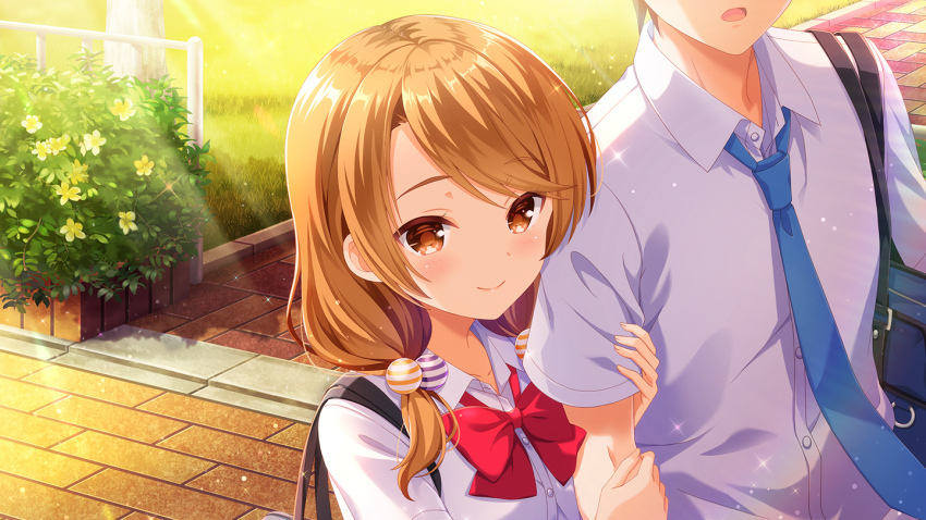 1boy 1girl blazer blue_jacket blue_necktie bow bowtie brown_eyes brown_hair closed_mouth day girlfriend_(kari) holding_another&#039;s_arm jacket looking_at_viewer low_twintails necktie official_art open_mouth outdoors plaid_clothes plaid_skirt pleated_skirt qp:flapper red_bow red_skirt school_uniform shirt skirt smile socks standing sunset tagme tamai_remi twintails white_shirt